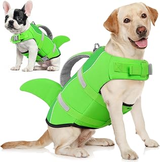AOFITEE Schwimmweste Hund Mittel, Hoher Auftrieb Hundeschwimmweste Hai, Verstellbar & Ripstop Rettungsweste für Hunde mit Griff, Sicher Reflektierende Schwimmweste Französische Bulldogge, Grün, M