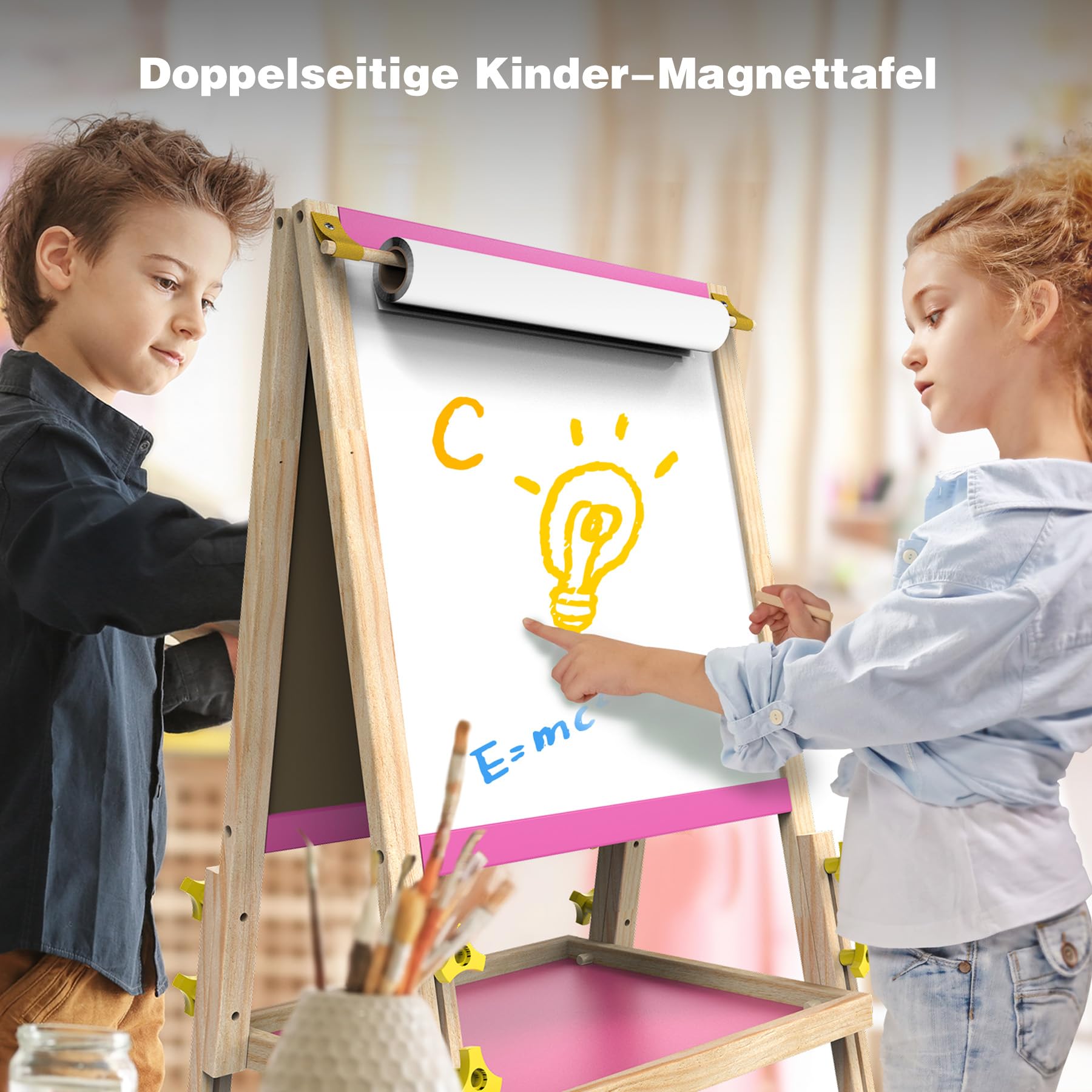 Joyooss Kunststaffelei für Kinder, verstellbares stehendes Holz-Zeichenbrett für Kleinkinder, doppelseitig, trocken abwischbar, mit Malzubehör, Geschenk und Kunstbedarf für Kleinkinder 4-8 (PINK)