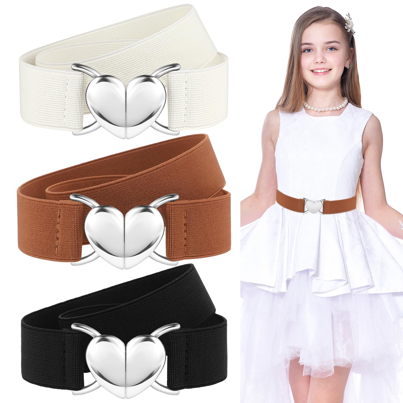APLZGMG3Pcs Elastic Belts with Heart Buckle for Girls, Cute Stretch Kids Waist Belt Adjustable Toddler Belts for Pants Dress Jeans