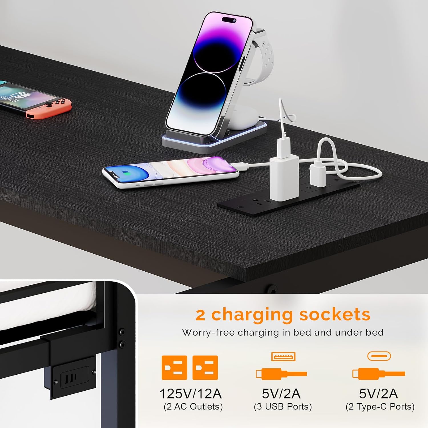 Charging sockets with USB, AC, and Type-C ports