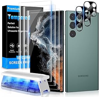Mowei [3+2 Pack] Galaxy S22 Ultra Tempered Glass Screen Protector *3[Perfect Ultrasonic Fingerprint ] +3D Curved Tempered Glass Camera Lens Protector*2 [High transparency][Case Friendly] [Easy Install]for Samsung S22 Ultra 5G