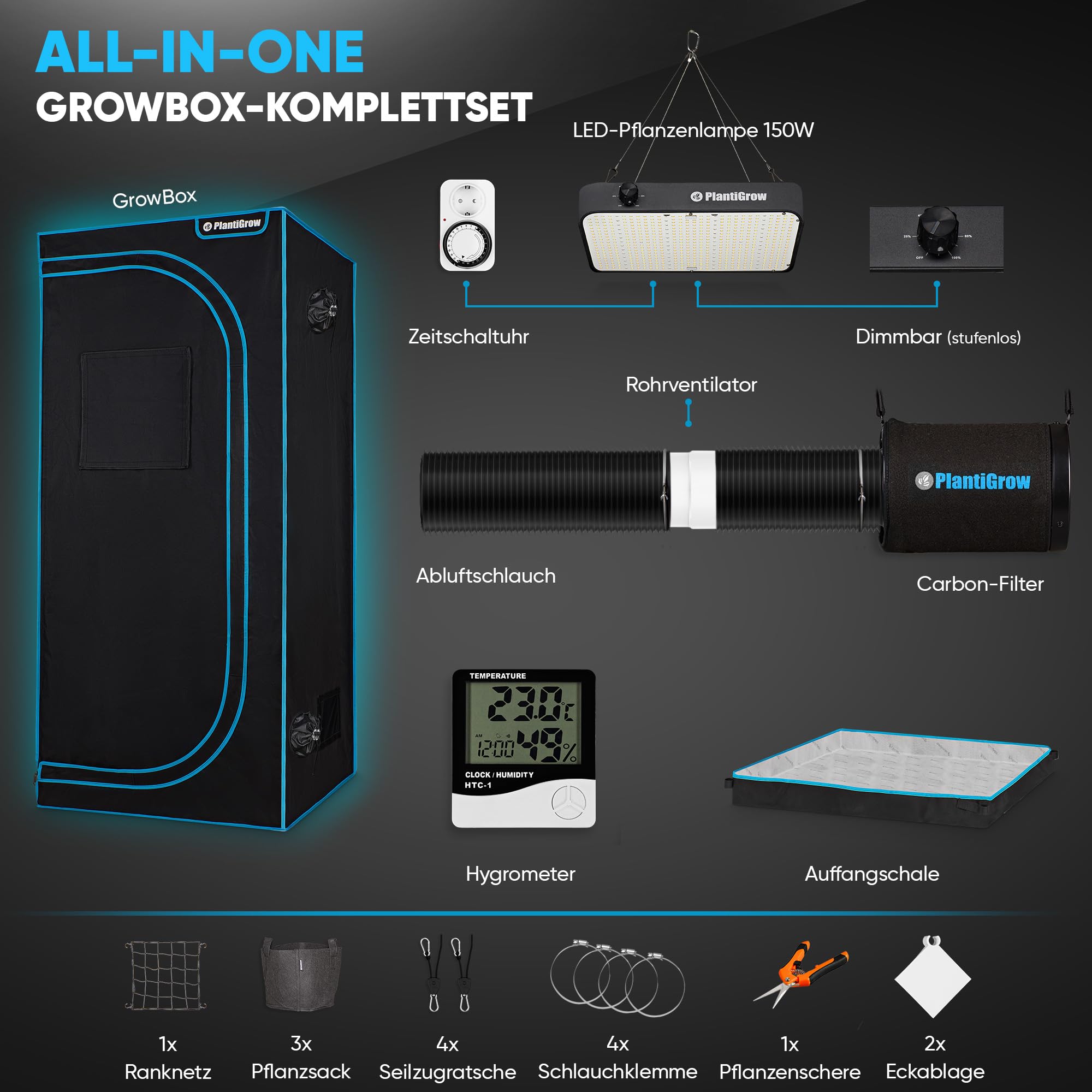 Growzelt Komplettset 80x80x180cm mit 150W Vollspektrum LED Lampe Dimmbar, Carbon-Filter, Inline-Kanalventilator, Abluftschlauch