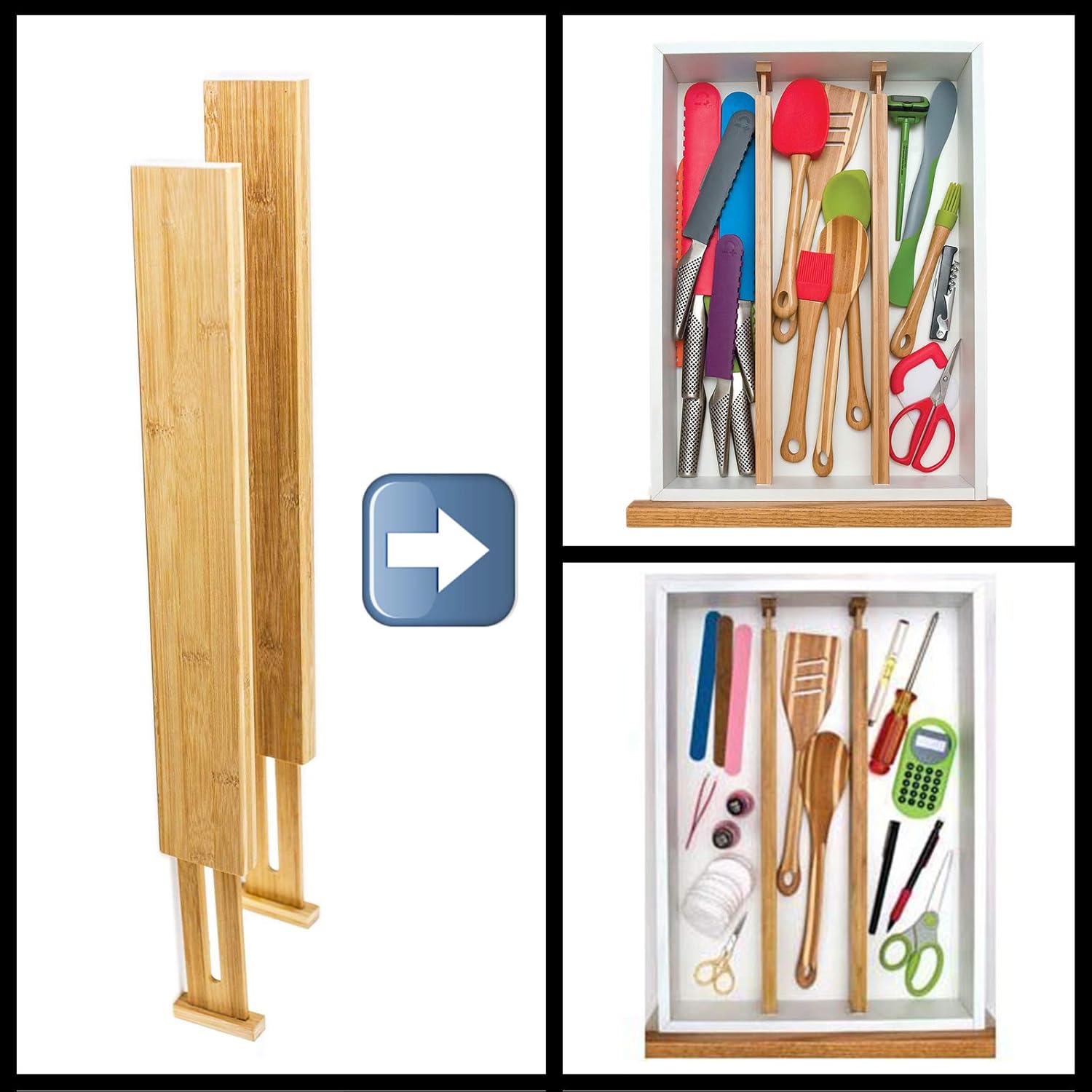 HUJI 2 PCS Bamboo Drawer Dividers Organizers For Bed Room, Bathroom, Kitchen, Garage, Great To Organize Clothes Kitchen Utensils Tools Shirts Socks Towels (1 PACK)