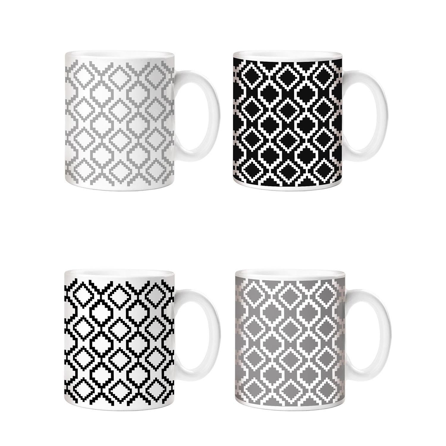 YöL Set Of 4 Mugs Black And White Mono Geometric Coffee Mug Set Minimalist Tea Cups Home Kitchen