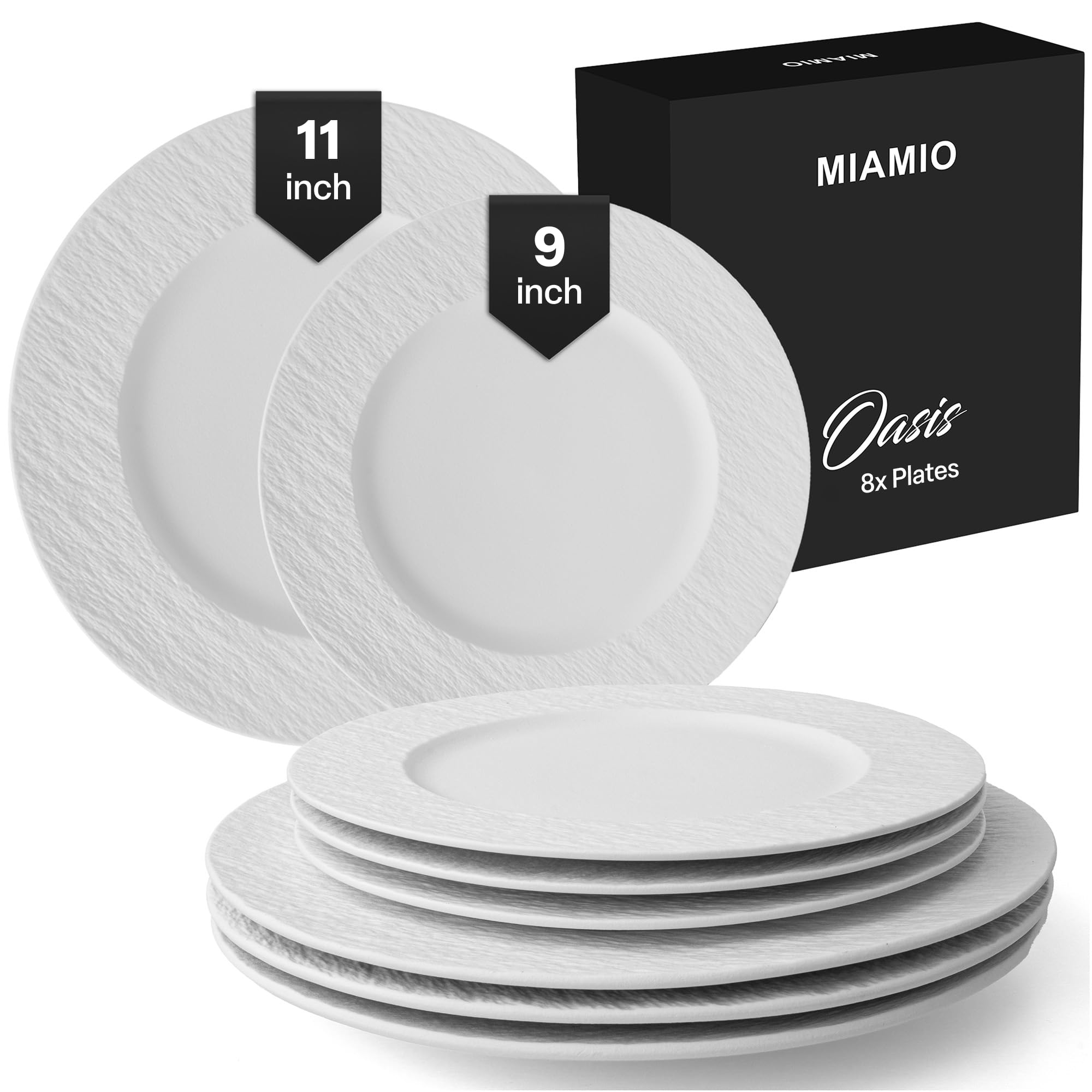 MIAMIO - Juego de 8 platos llanos, 4 platos pequeños (9 pulgadas), 4 platos grandes (11 pulgadas), juego de platos de cerámica de 8 piezas, juego de vajilla de gres, apto para microondas y
