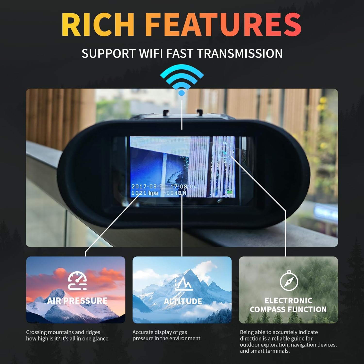 Night Vision Goggles- 4K Night Vision Binoculars for Adults with WiFi, 64GB TF Card in Night Vision,7X IR & 16X Zoom,Military Tactical Equipped with Altitude, Air Pressure and Compass Functions