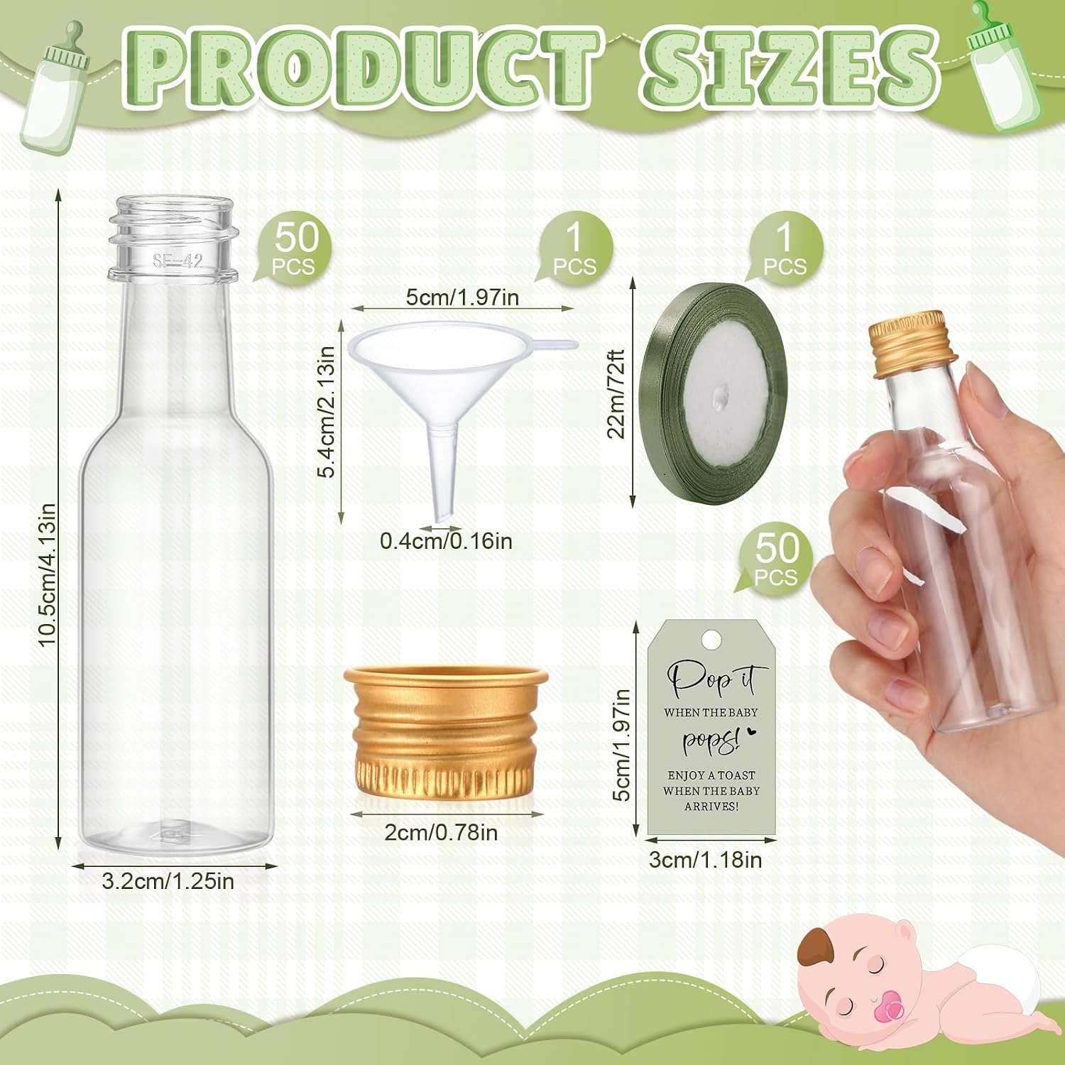 Roshtia 50 Pack Mini Liquor Bottles Baby Shower Party Favors, Sage Green