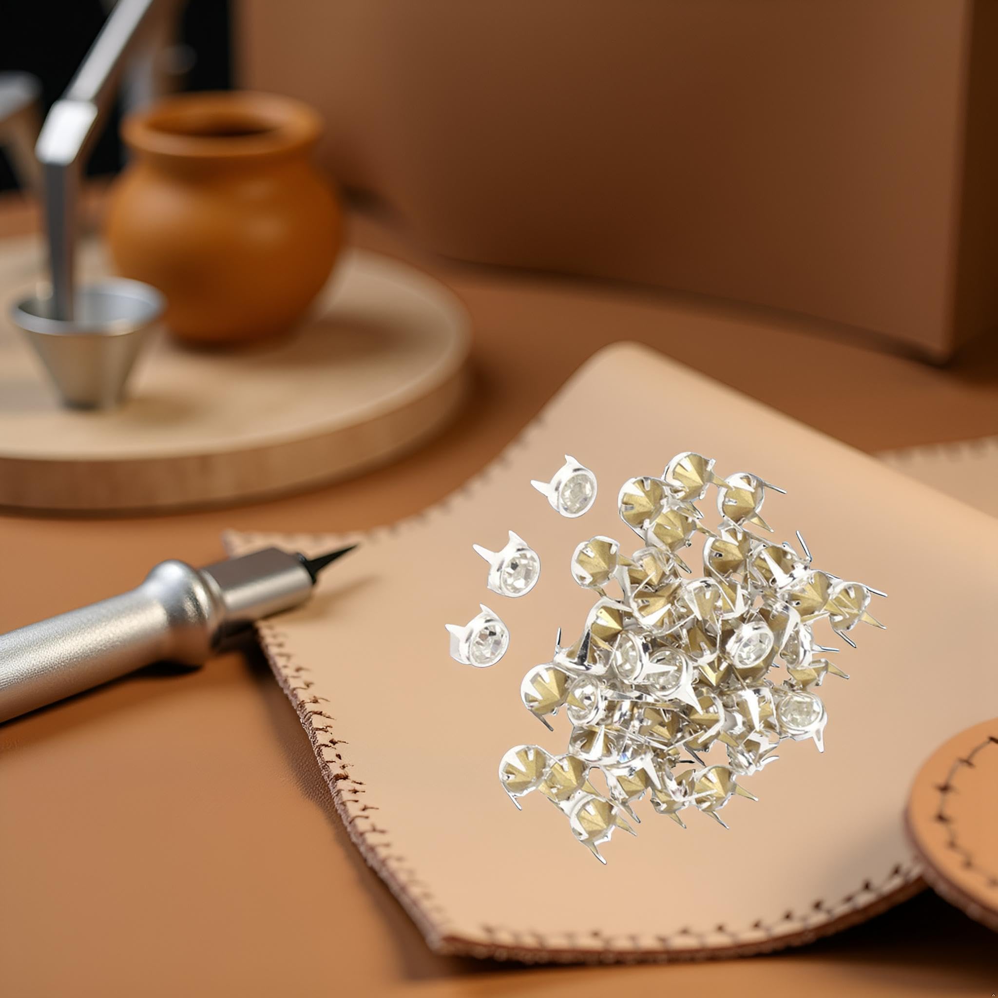 HEEPDD 100 Rivetti In Cristallo E Ottone 10mm Per Fai Da Te Pelle E Moda – Bordo Argento Con Cristallo Bianco