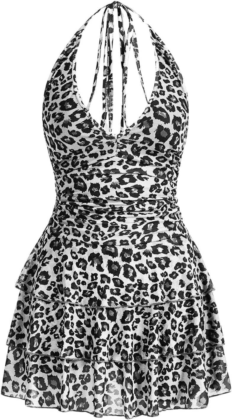 Women's Y2K Leopard Print Halter Dress Sexy Ruched Tie Backless Tiered Layer Mini Dresses Cheetah Mesh Ruffle Dress