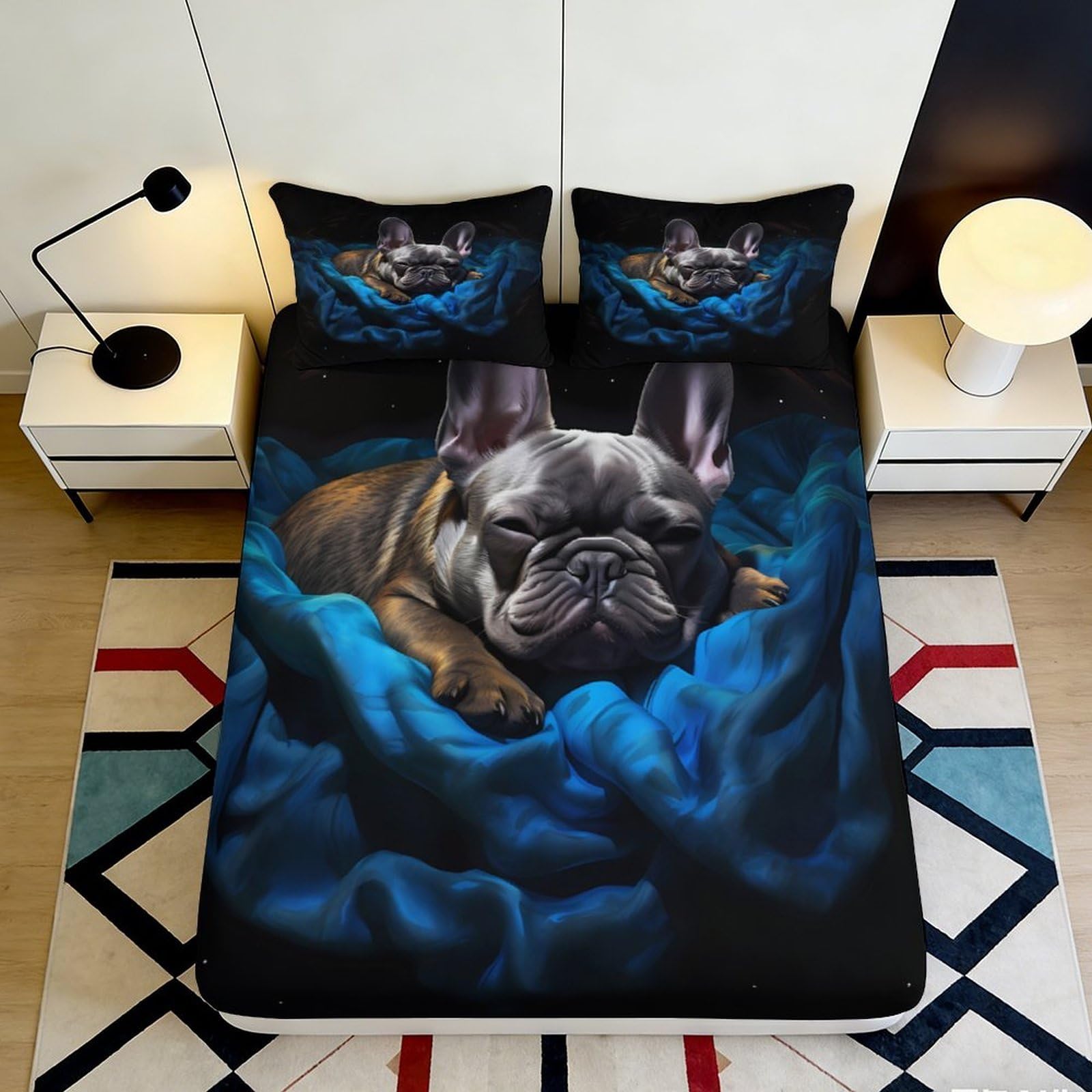 3D Printed French Bulldog Fitted Sheet Microfiber Anti-Slip Mattress Cover Blue Art for Bedroom Guest Room 90x200x25cm