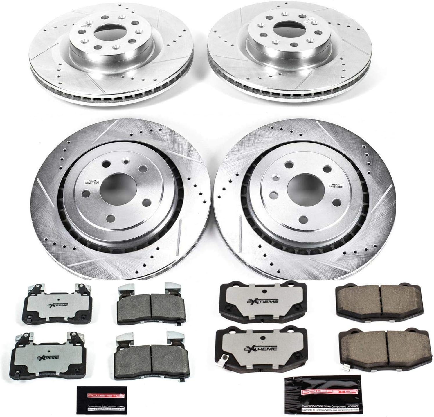 PowerStop Front and Rear Brake Kit For Chevrolet Camaro 2016-23 - Carbon Fiber Ceramic Brake Pads + Drilled & Slotted Rotors Upgrade, K7226-26
