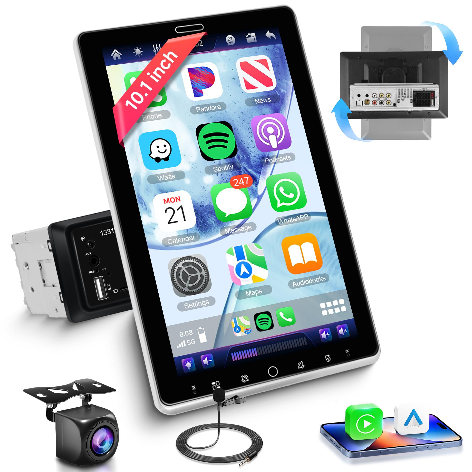 Rimoody Autoradio 1 DIN Carplay Wireless, 10.1 Pollici HD Touchscreen, Android Auto, Mirror Link, Bluetooth 5.2, FM/RDS, EQ, Comandi al Volante Telecamera Posteriore Microfono