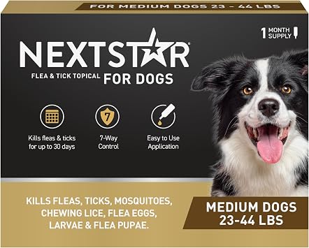 NEXTSTAR الوقاية من البراغيث والقراد للكلاب، طارد ومكافحة، قطرات موضعية سريعة المفعول مقاومة للماء. طارد القراد والبراغيث للكلاب متوسط الحجم، جرعة شهر واحد