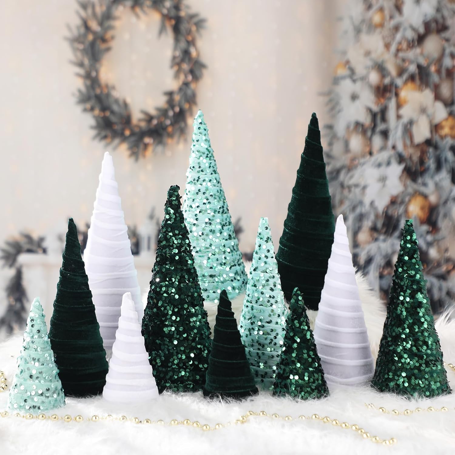 ShinyRelief 12 Pcs 12" 10" 6" Christmas Velvet Cone Tree Decorations Mini Sequin Xmas Tree Cone Set for Christmas Winter Entryway Mantel Table Centerpiece Decor (Green, Light Green, White)