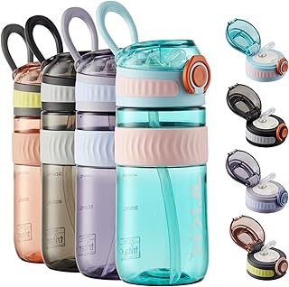 TKK 18oz Kids Water Bottles with Straw Lid & Carry Handle, Pop Button BPA Free Leak Proof Water Bottle for School, Teal