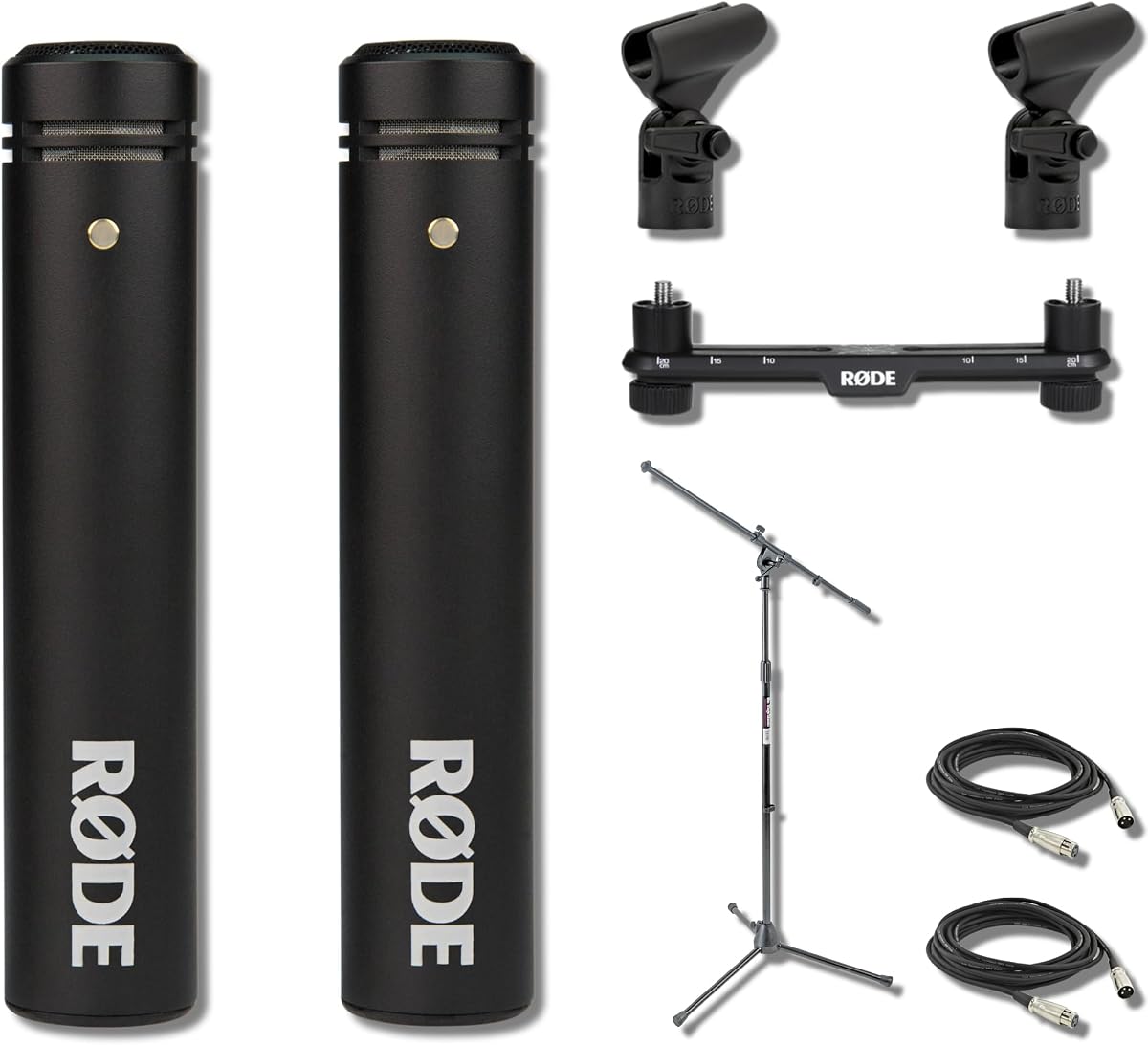 Rode M5-MP Matched Pair Small-Diaphragm Condenser Microphone Bundle with SB20 Stereo Bar, Boom Stand and XLR Cables — Drum Overhead, Choir, Orchestra, Acoustic Guitar Studio Recording Kit