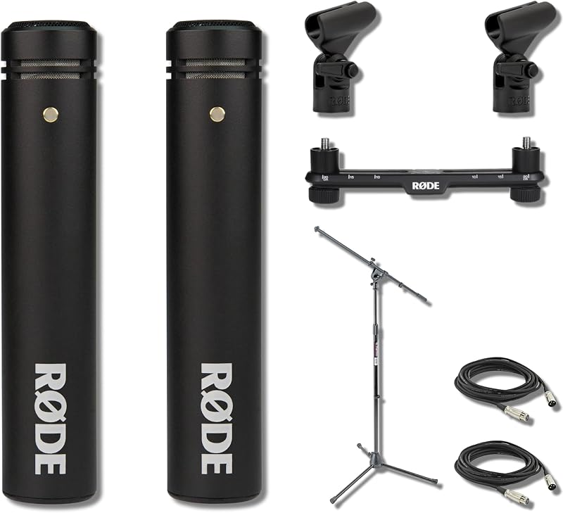 Rode M5-MP Matched Pair Small-Diaphragm Condenser Microphone Bundle with SB20 Stereo Bar, Boom Stand and XLR Cables — Drum Overhead, Choir, Orchestra, Acoustic Guitar Studio Recording Kit