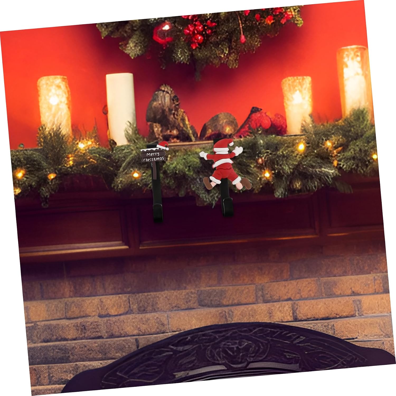 4pcs Christmas Stocking Holders Cute Figurines Metal Mantel Hooks for Fireplace Shaped Xmas Sock Hangers Festive Decor for Holiday Stockings Display