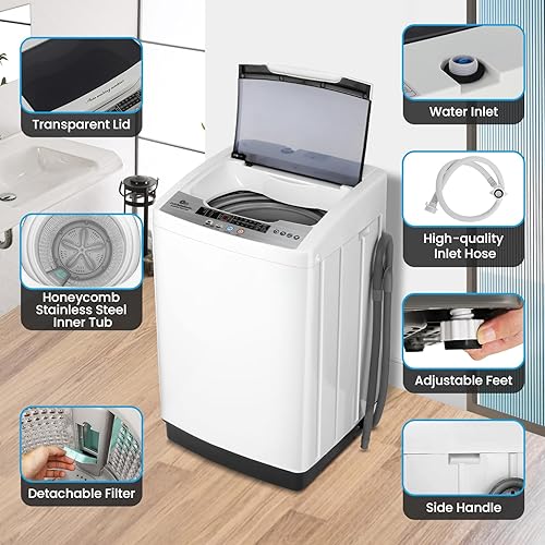 Miniatura 7 de Nictemaw Portable Washing Machine 13.5Lbs, 1.8Cu.ft Compact Laundry Washer With 10 Programs 8 Water Leves LED Display & Drain Pump for Apartment