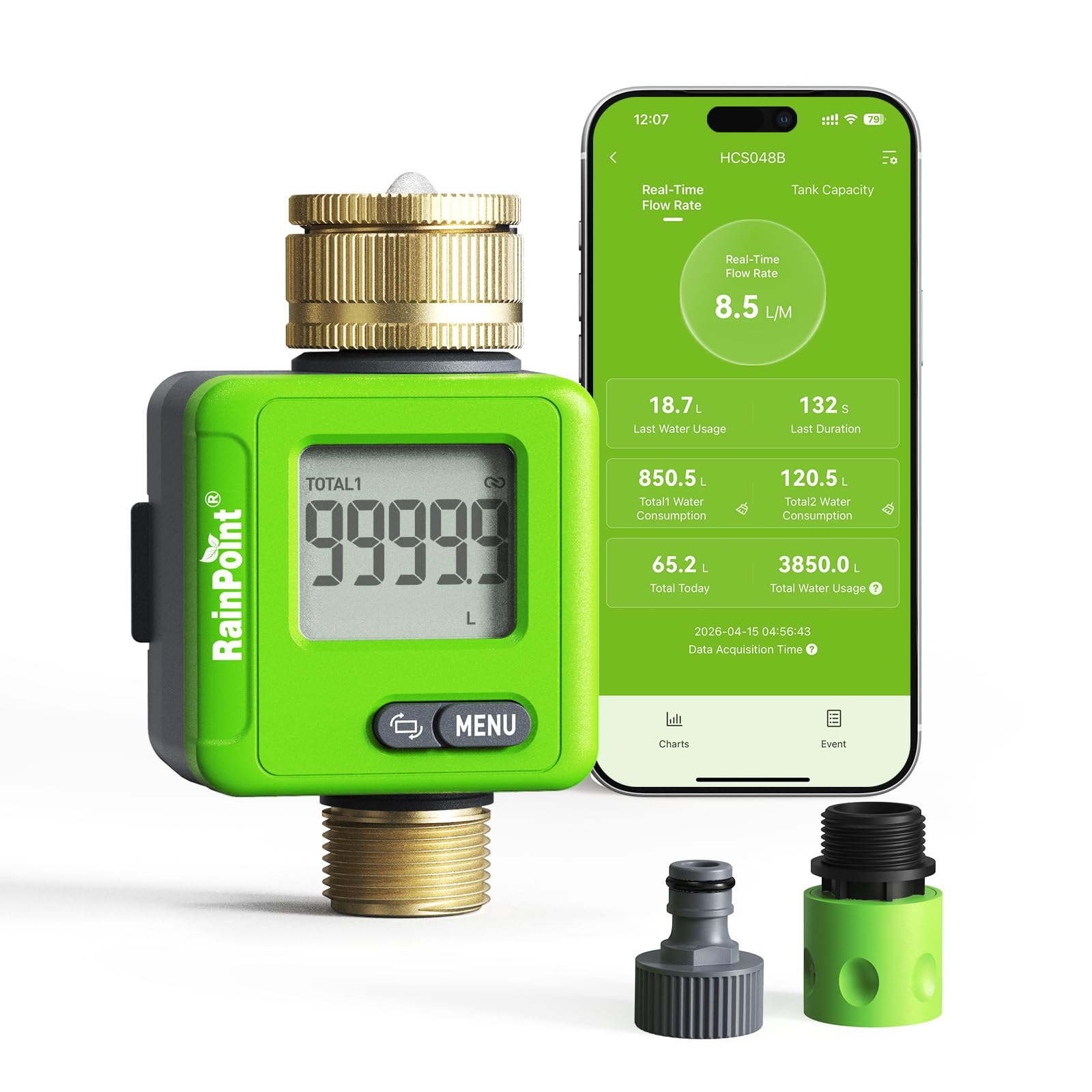 RAINPOINT Medidor de Agua Bluetooth Inteligente, Caudalímetro con Conectores de Latón, Monitor de Depósito para Autocaravana, Seguimiento Preciso de Consumo ±5% para Jardín y Riego