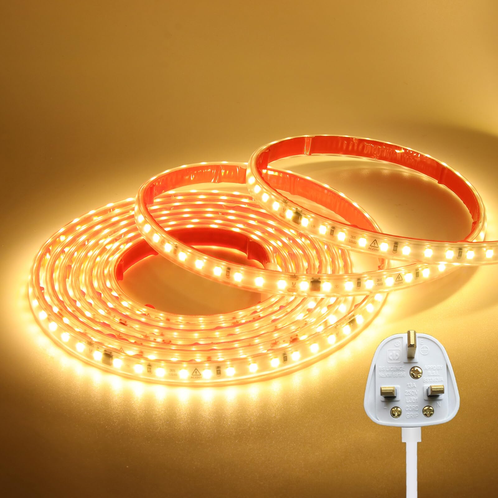 KAFULA 220V LED Light Strip - Double Sided Tape Mounting, IP65 Waterproof, 120 LEDs/m 30m Warm White 3000K Super Bright Flexible LED Fairy Light CRI90+, Can be Cut Every 10cm, Home Lighting