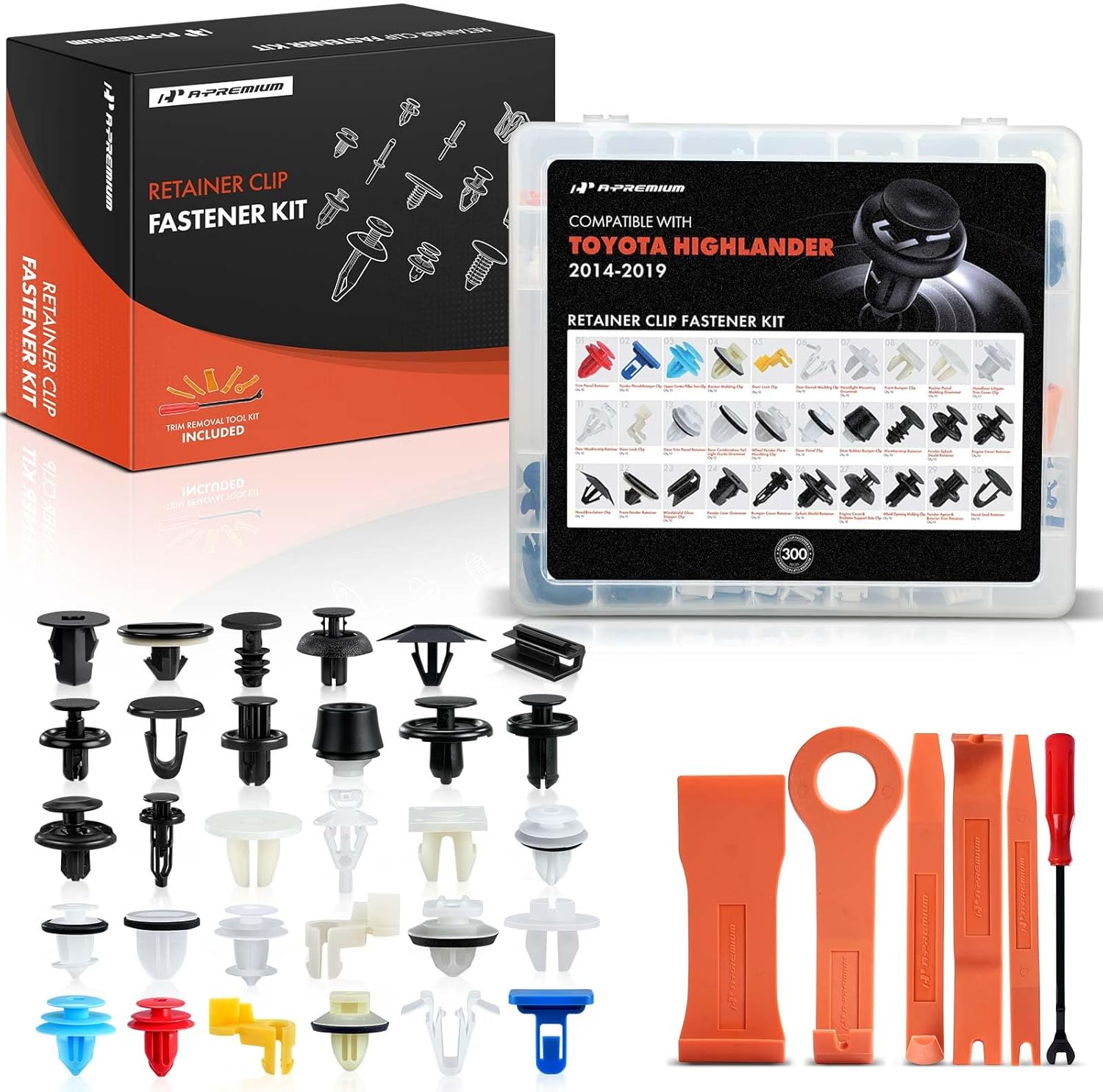 A-Premium 300PCS (49.92 oz/30 Sizes) Bumper Retainer Clips w/Removal Tool Compatible with Toyota Highlander 2014-2019 Fender Fasteners Assortment Liftgate Hood Clips Door Trim Push Pin Rivets Set