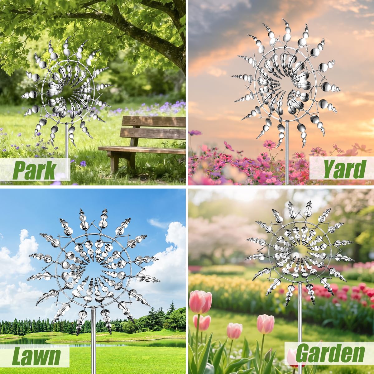 Mulino a Vento in Metallo, Girandola a Vento da Giardino Unico e Magico, 3D Scultura Cinetica Mulino a Vento per Giardino, Terrazza, Prato, Decorazione (Silver)