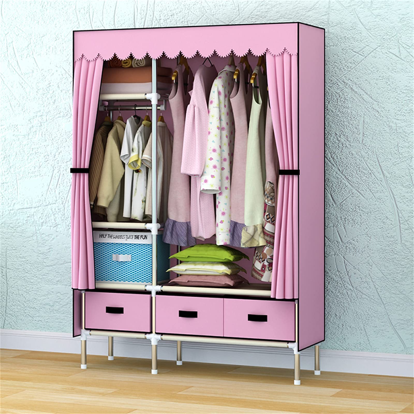 Tragbarer Kleiderschrank, Stoffgarderobe, rosa Kleiderschrank, individuell mit Schublade, Kleiderschrank, Kreativität, multifunktionaler Kleiderschrank-Organizer, einfarbiger Stoffgarderobe Home & Kitchen