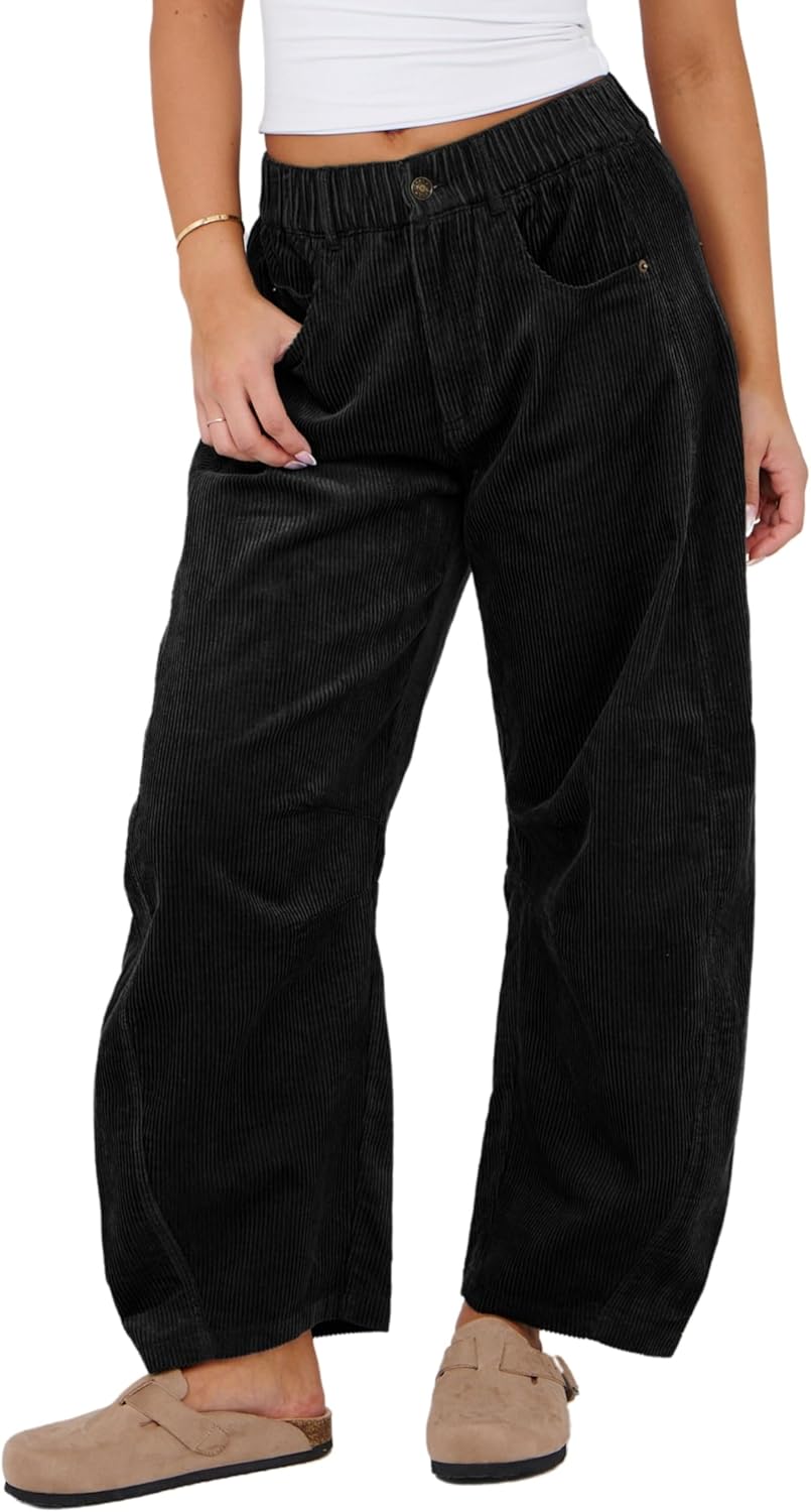 SeekMe Women's Corduroy Pants Barrel Mid-Rise Elastic Waist Cord Pants Casual Wide Leg Baggy Trouser with Pockets