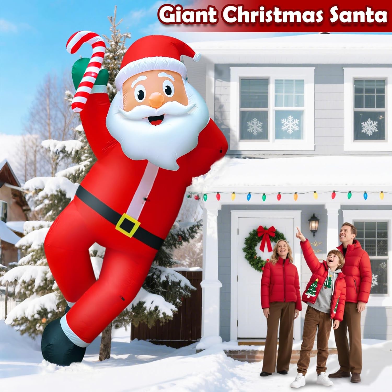 TURNMEON 12 Foot Super Giant Christmas Inflatables Santa Claus Outdoor Decorations, Blow Up Lying Santa Holds Candy Cane Built-in LED Lights Inflatable Christmas Decorations Garden Lawn Holiday Party