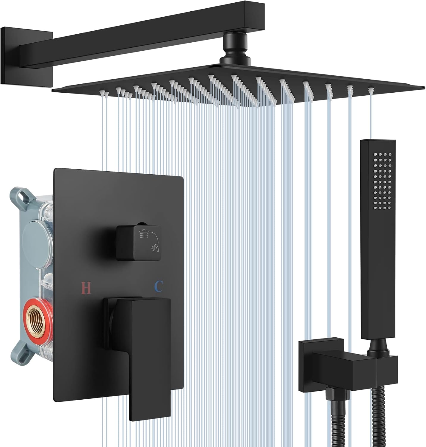 Midanya Matte Black Rain Shower System 10 Inch Square Rainfall Shower Head Wall Mount Shower Faucet Set with Hand Sprayer Pressure Balancing Rough-in Valve Trim Kit Bathroom Mixer Shower Combo Set