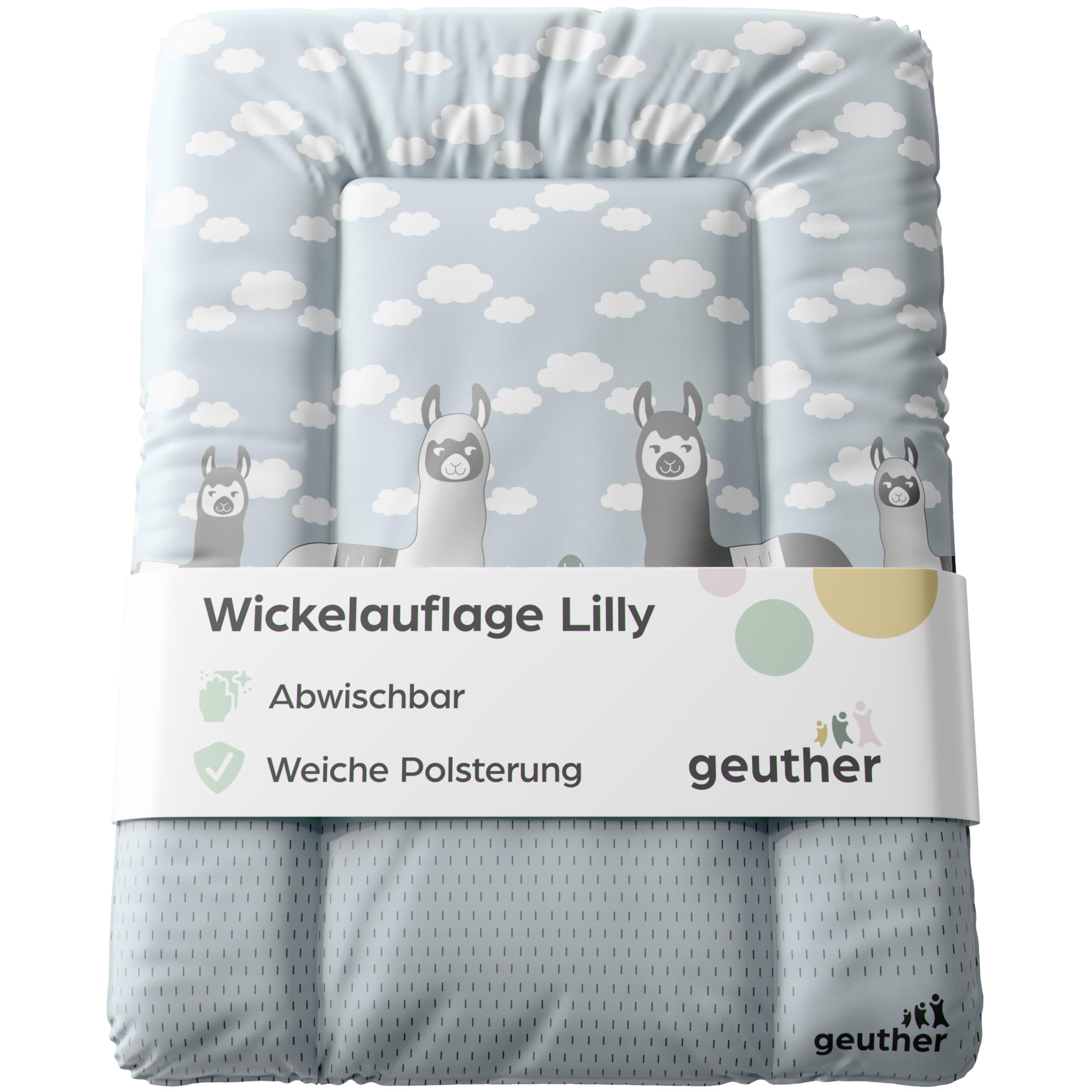 Geuther Wickelauflage abwaschbar 52 x 72cm | Wickelunterlage Lilly für Wickelregal Clarissa & andere | Erhöhter Rand & Kopfschutz für hohe Sicherheit | Wickeltischauflage | Design Lama