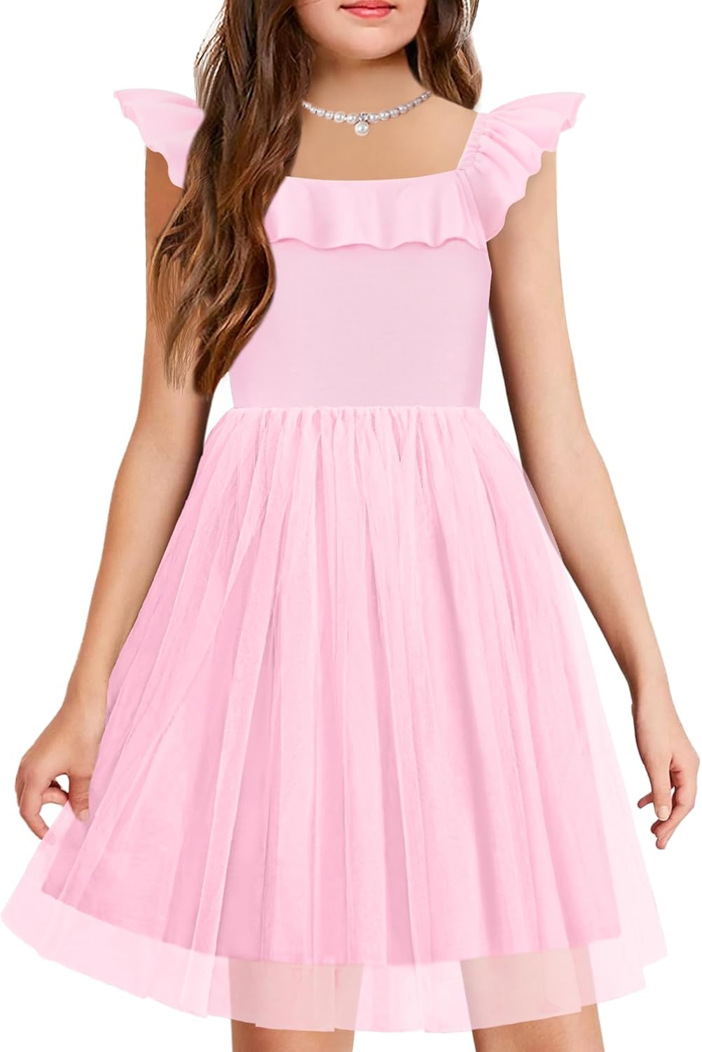 Arshiner Girls Dresses Summer Square Neck Ruffle Sleeve Formal Party Birthday Tulle Dress 6-14 Years