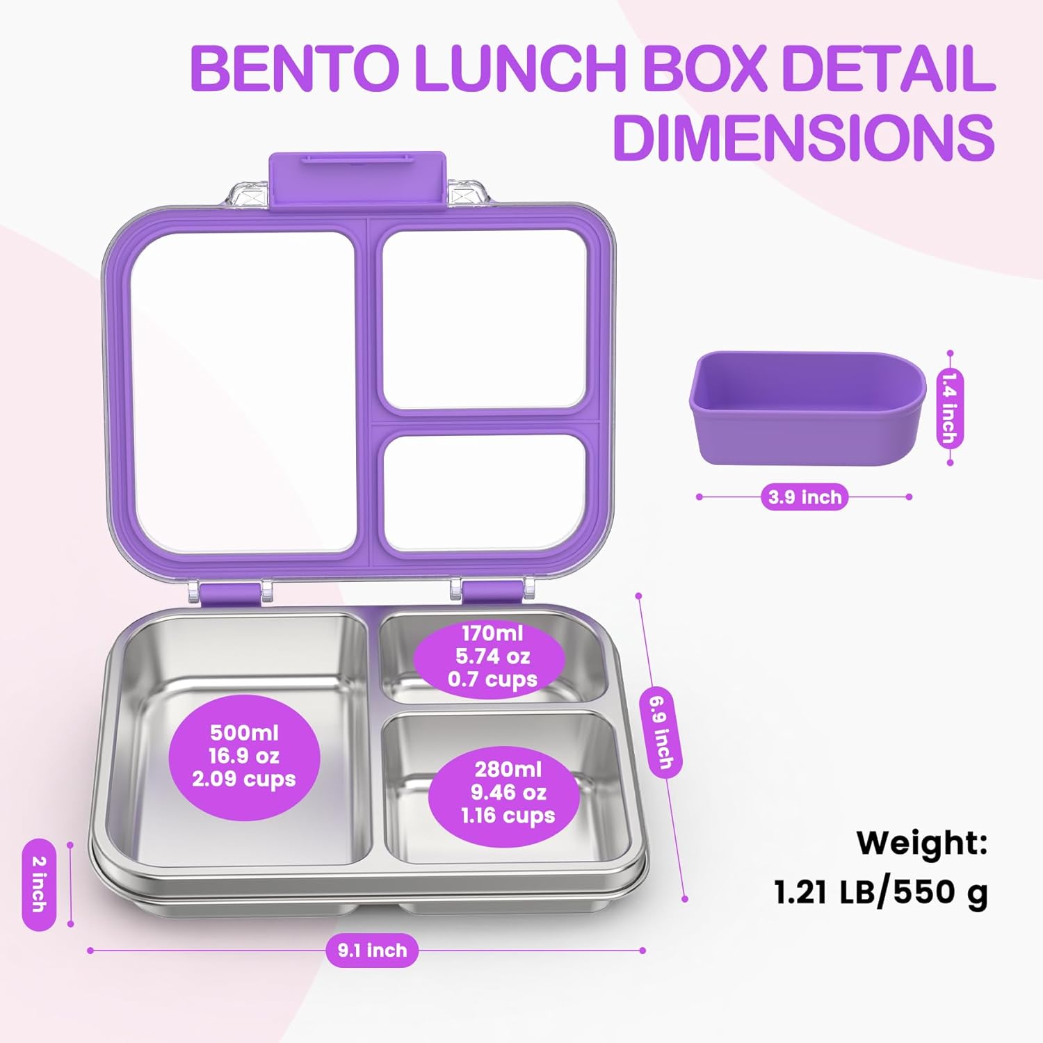 Stainless Steel Bento Lunch Box for Kids Adults, 3 Compartments Metal Bento Box with Transparent Lid & Silicone Container for Kids,Dishwasher-Safe,School & Travel,BPA-Free(Purple) - Image 5
