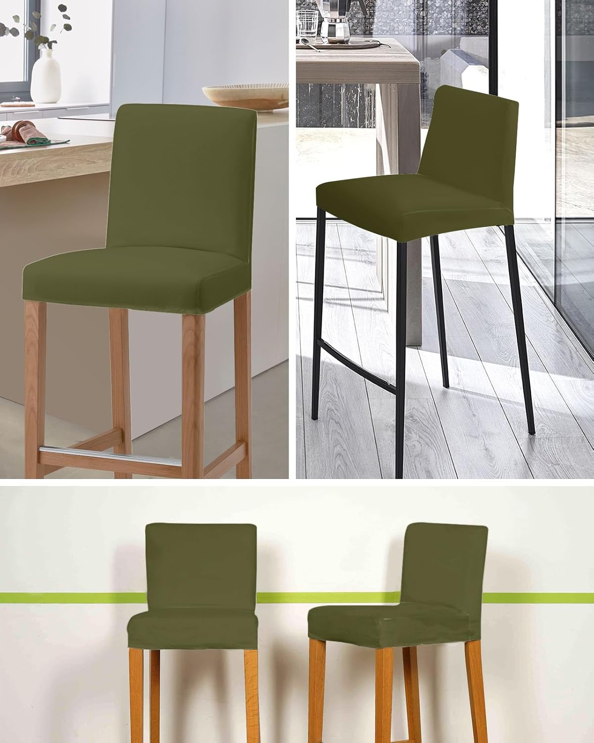 QueenKer Bar Stool Covers with Backs, Stretch Washable Bar Stool Chair Cover Slipcovers Solid Color Dark Olive Green Removable Counter Stool High Chair Covers for Pub, Dining Room, Cafe,Set of 4