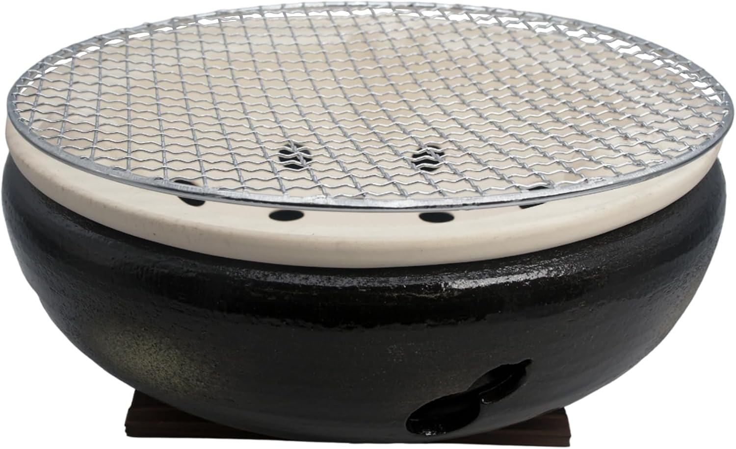 Japanese Tabletop BBQ Charcoal Grill Water Stove - with Metal Grate and Wood Base - 11.81 x 11.81 in - Made in Japan