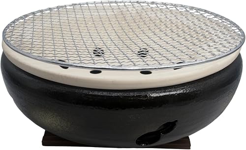 Japanese Tabletop BBQ Charcoal Grill Water Stove - with Metal Grate and Wood Base - 11.81 x 11.81 in - Made in Japan