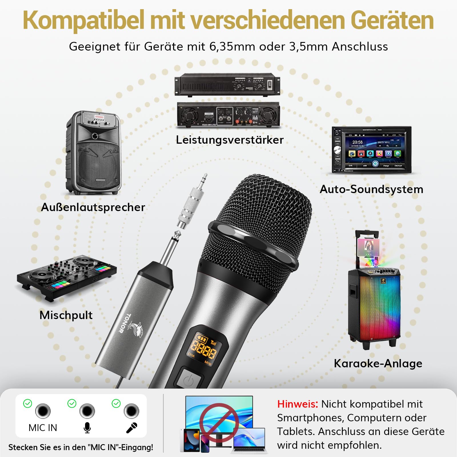 TONOR Wireless Microphone Kabellos, Drahtloses UHF Mikrofon Set für Karaoke 60 m Reichweite, Kabelloses Funk Handmikrofon Dynamisch mit 6,35 Klinke Anschluss für Partybox, DJ, Kirche,TW620, Grau