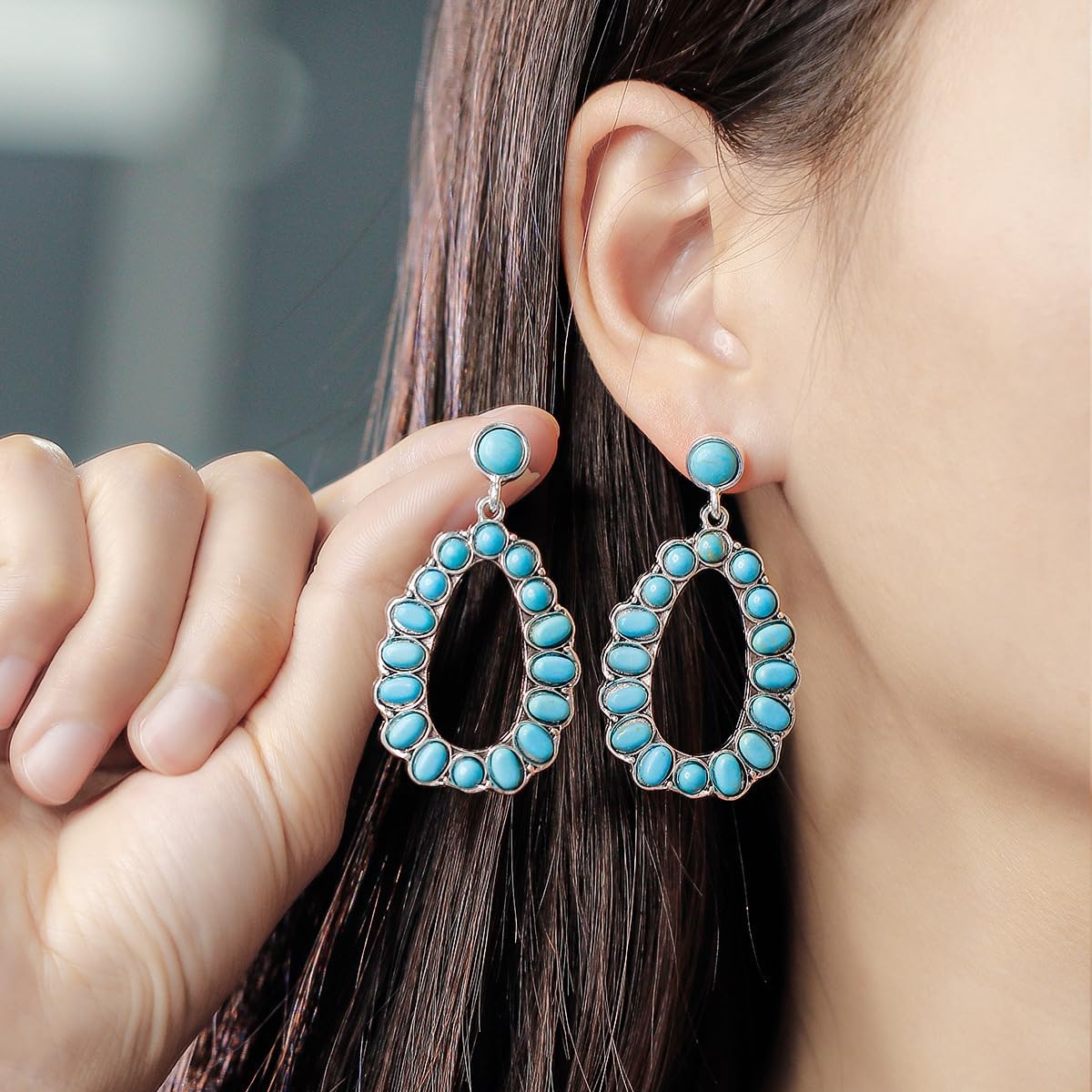 Western Turquoise Earrings for Women Vintage Oval Boho Turquoise Earrings Flower Teardrop Statement Earring Country Concert Outfits Boho Jewelry Bohemian Cowboy Cowgirl Accessorie - Image 3