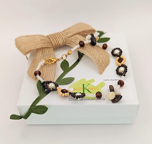 Miniatura 3 de Elegange brazalete para dama hecho a mano de perlas fantasia, cuentas de vidriol y cristales de 8" de largo, en blanco café y beige, ideal para