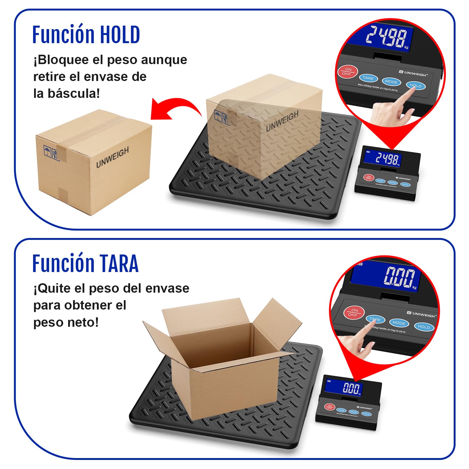 UNIWEIGH Báscula digital para paquetes, 10 g, precisión para paquetes con pantalla LCD retroiluminada, plataforma de acero aleado, funcionamiento por USB A/batería, tara/Hold/Auto-Off, báscula de