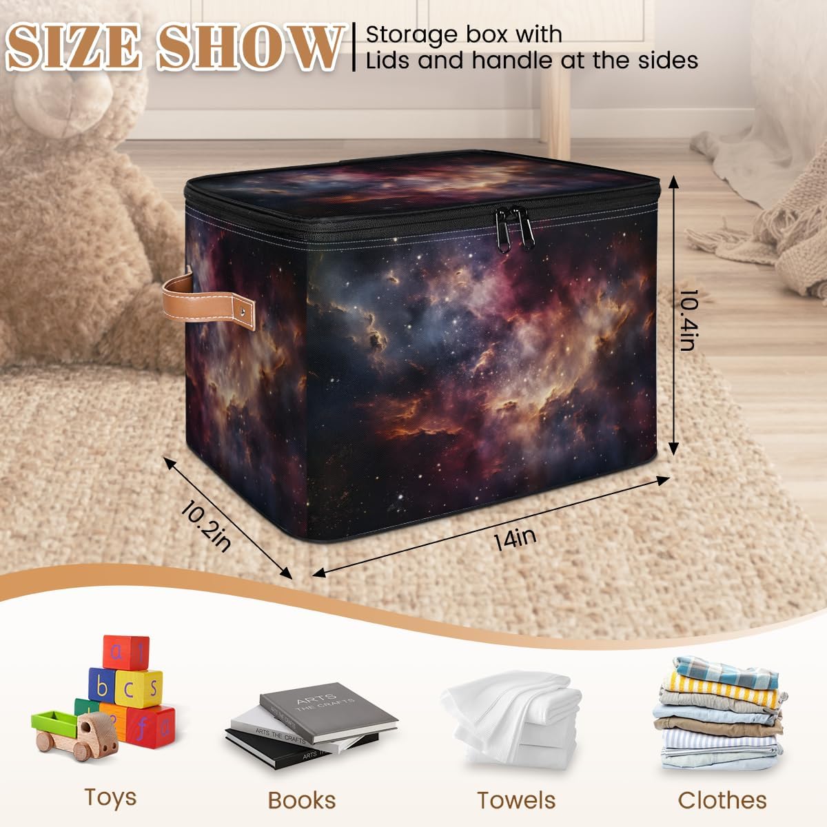 Storage Bin Set of 2 Galaxy Sky Storage Basket with Zipper Lid & Handle Foldable Closet Shelf 2 Pack Cloth Organizer Basket Cube Bins Clothes Organizer for Bedroom, Nursery
