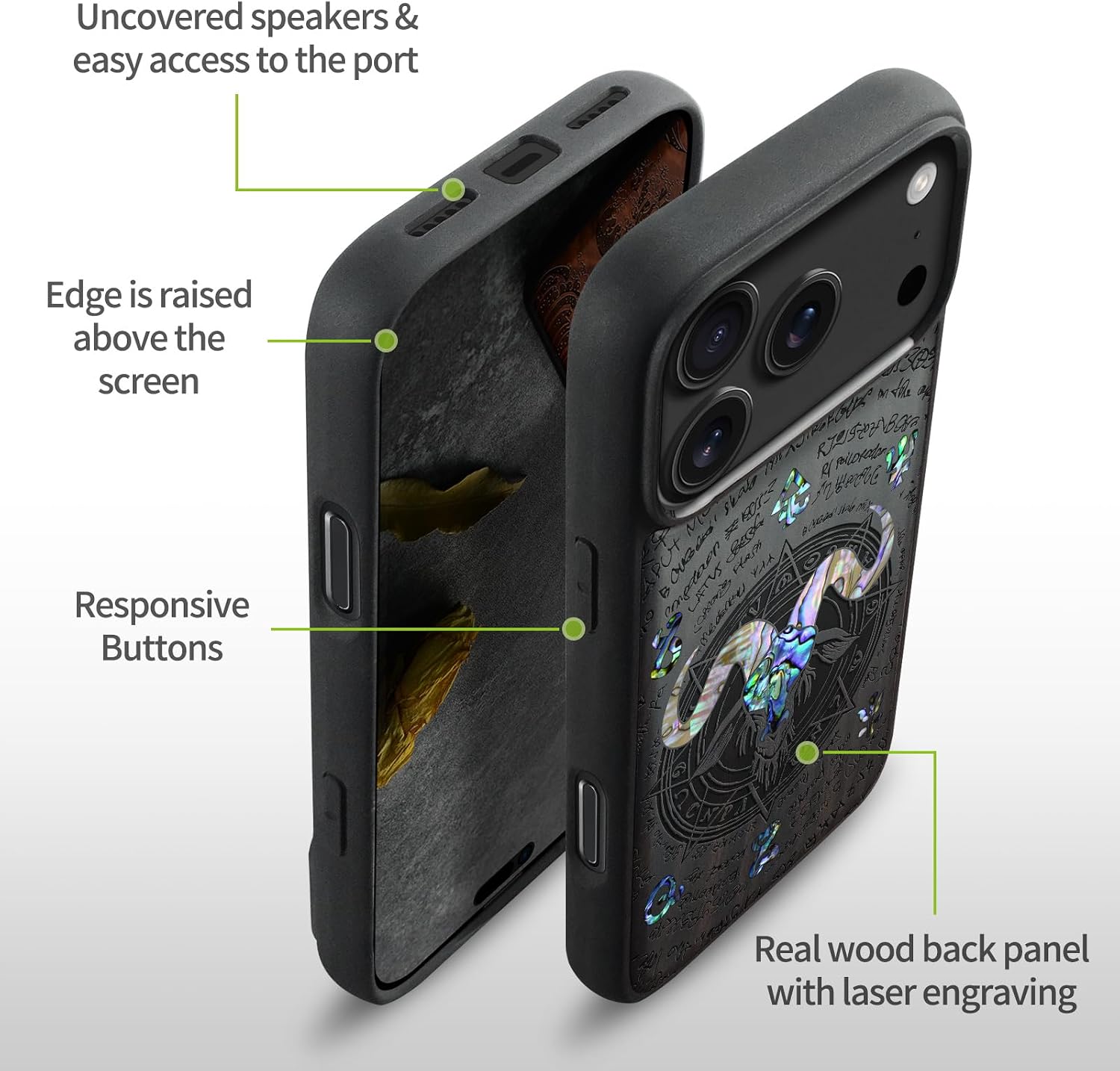Carveit Magnetic Case for iPhone 17 Pro Max Case, Wood Artisan Engraved & Handmade Shell Inlaid, TPU Shockproof Cover, Compatible with MagSafe Wireless Chargers (Horned Goat-Blackwood)