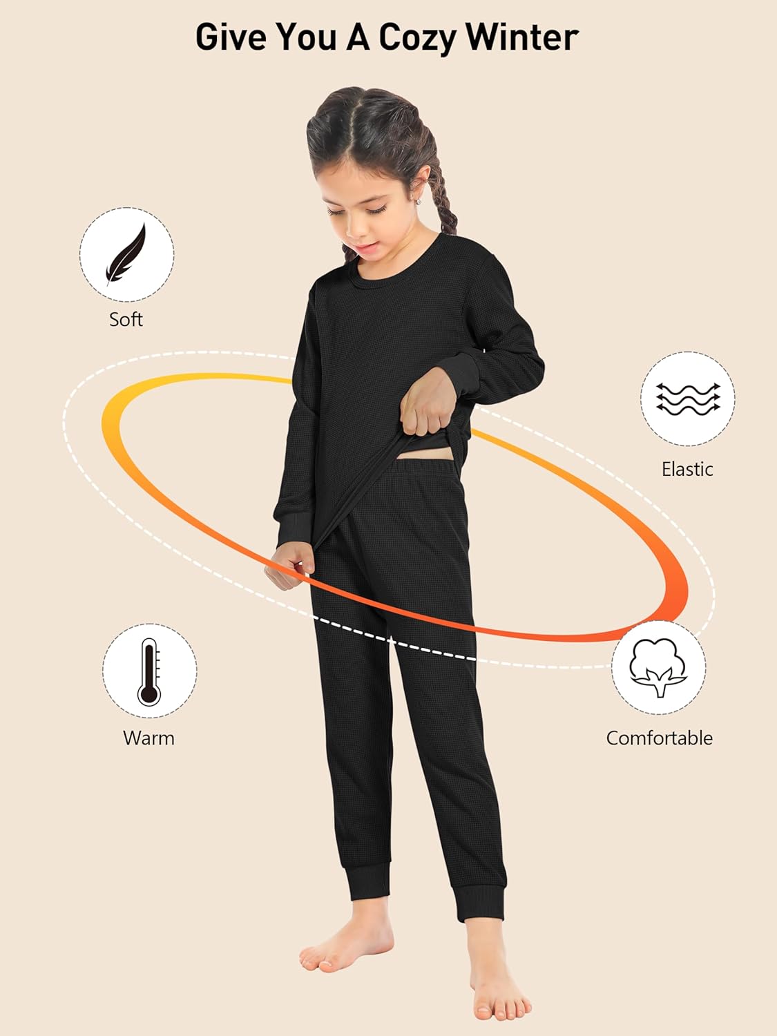 Resinta 3 Sets Girls Waffle Thermal Underwear Set Winter Waffle Cotton Thermal Top and Bottom Long Johns Warm Base Layer