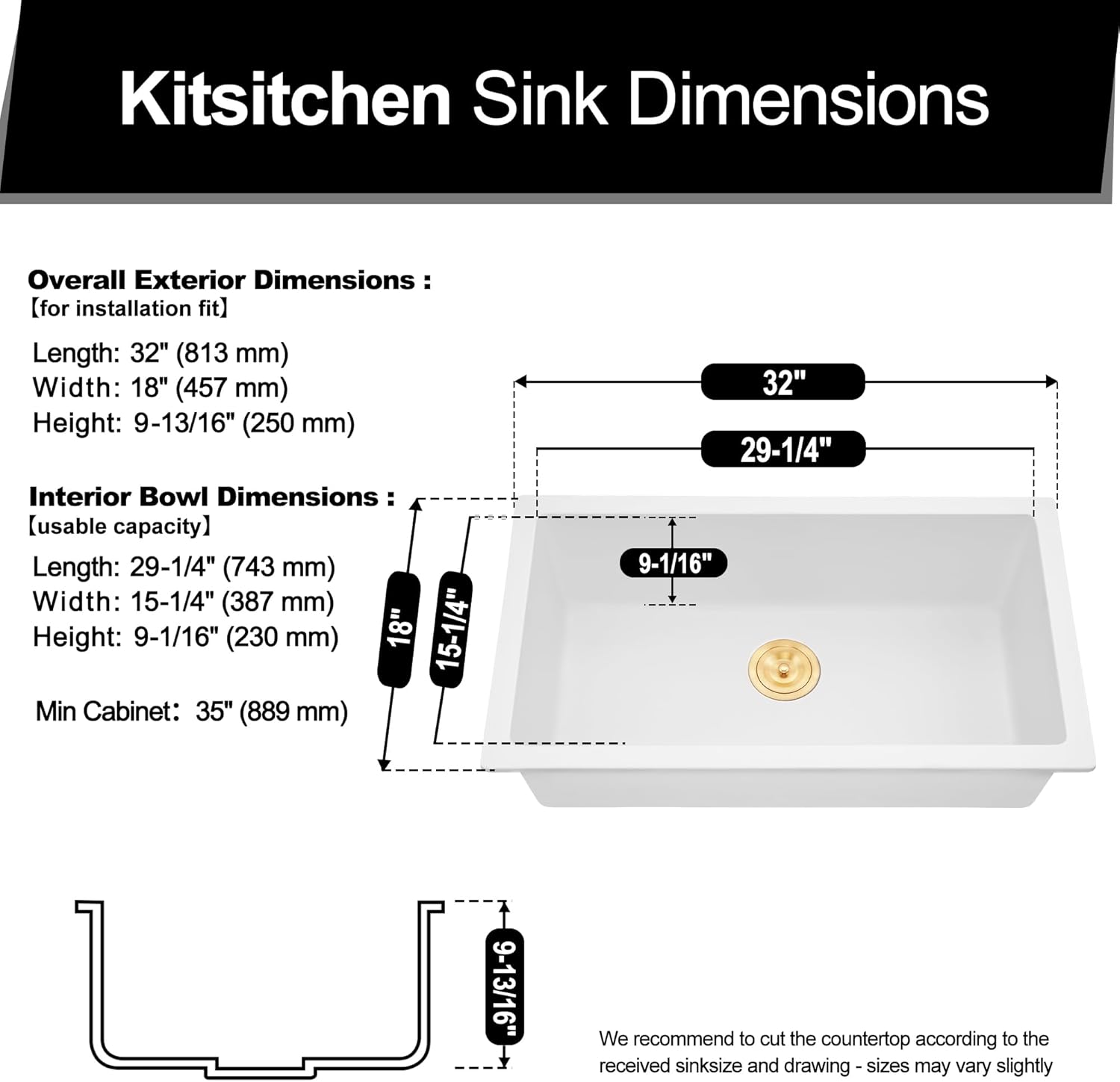 Kitsitchen White Undermount Kitchen Sink, White Granite Composite Kitchen Sink with Sink Drain Assembly & Sink Bottom Gird, 32" x 18" x 9" Large and Deep Single Bowl Quartz Stone Kitchen Sink