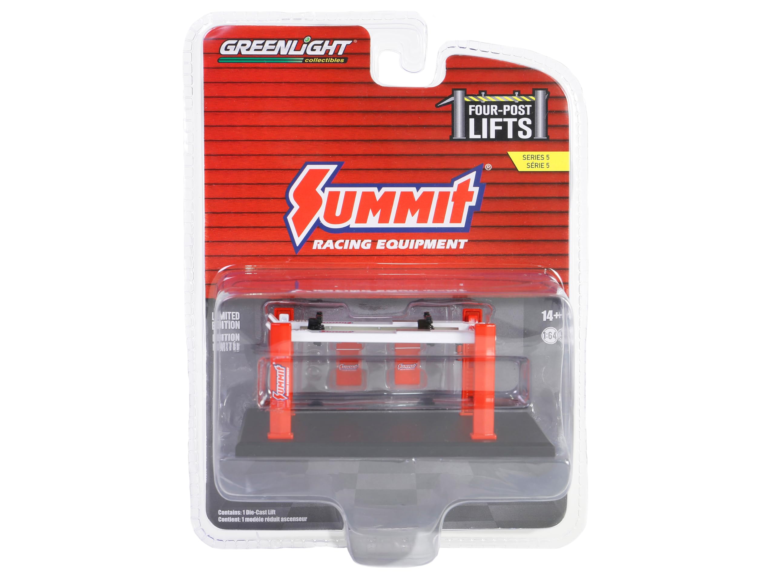 Adjustable Four-Post Lift Summit Racing Equipment Red and White Four-Post Lifts Series 5 1/64 Diecast Model by Greenlight 16180B