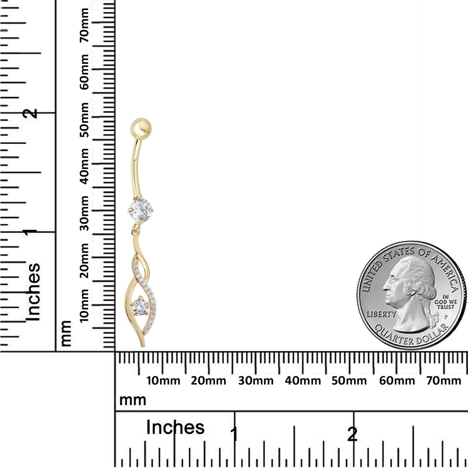 AVORA 10K Gold Simulated Diamond CZ Dangling Flame Belly Button Ring Body Jewelry (14 Gauge)