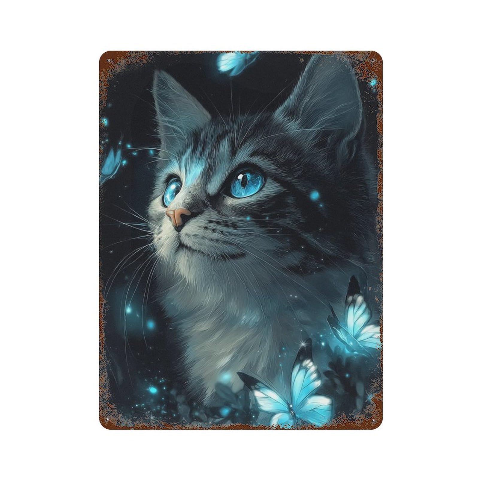 Enchanted Cat with Butterflies Aged Metal Wall Plaque 15.7"x11.8", for Pub, Kitchen And Man Cave Decor, Decorative Metal Wall Art