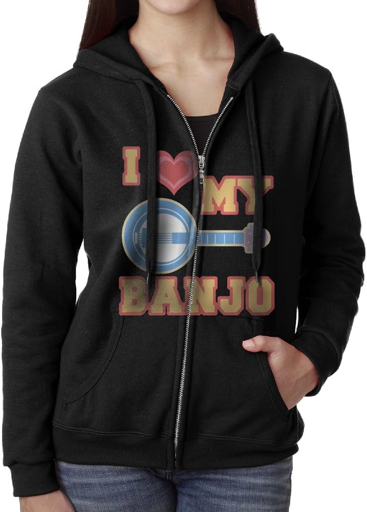 KJhsfub Casual Womens I Love Banjo Full-Zip Sweatshirt Hoodie Jacket Large