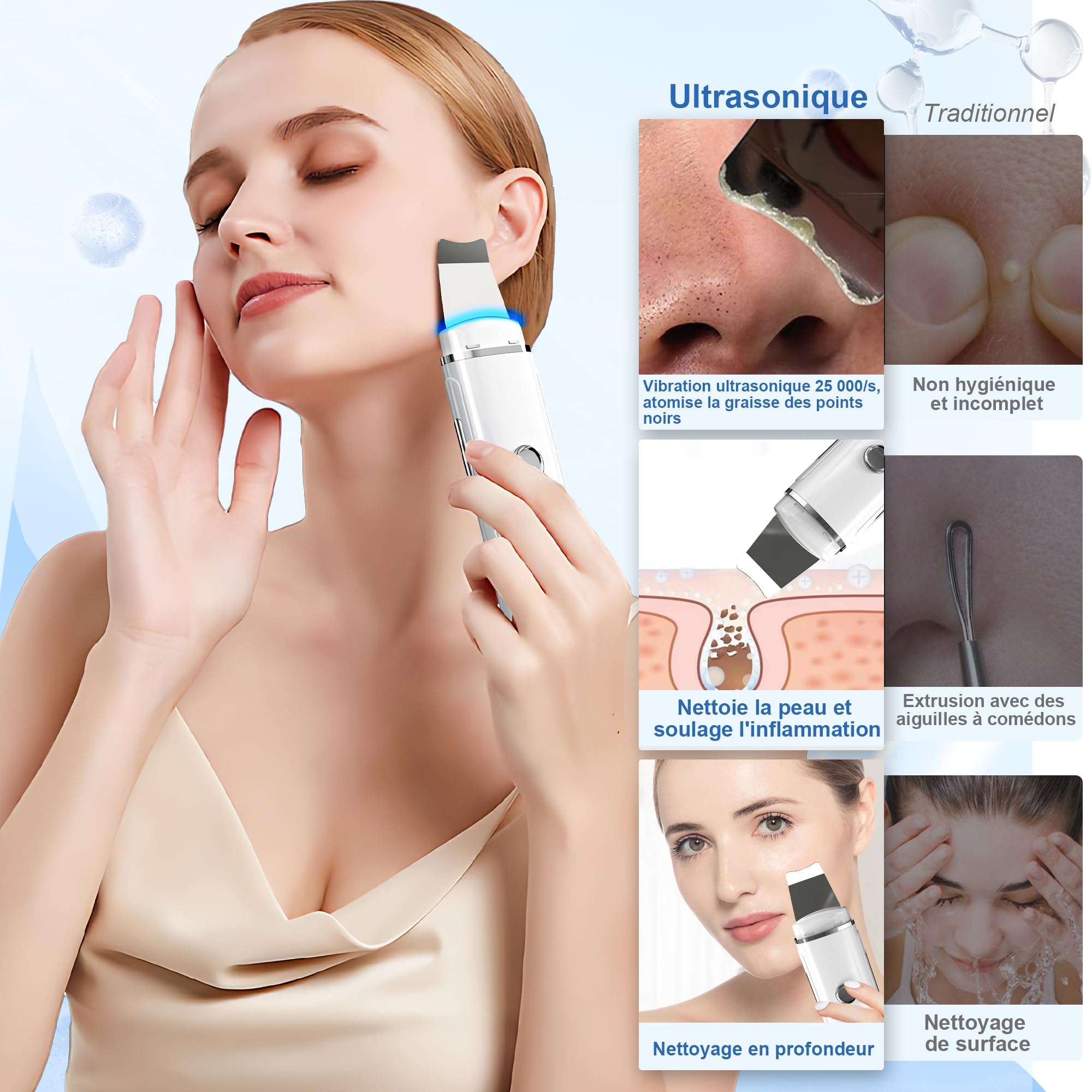Épurateur de Peau à Ultrasons, Aspirateur Point Noir Du Visage avec 4 Modes et Lumière Bleue Rouge, Appareil de Nettoyage Exfoliant à Ultrasons, Dispositif de Nettoyage pour éliminer les Point